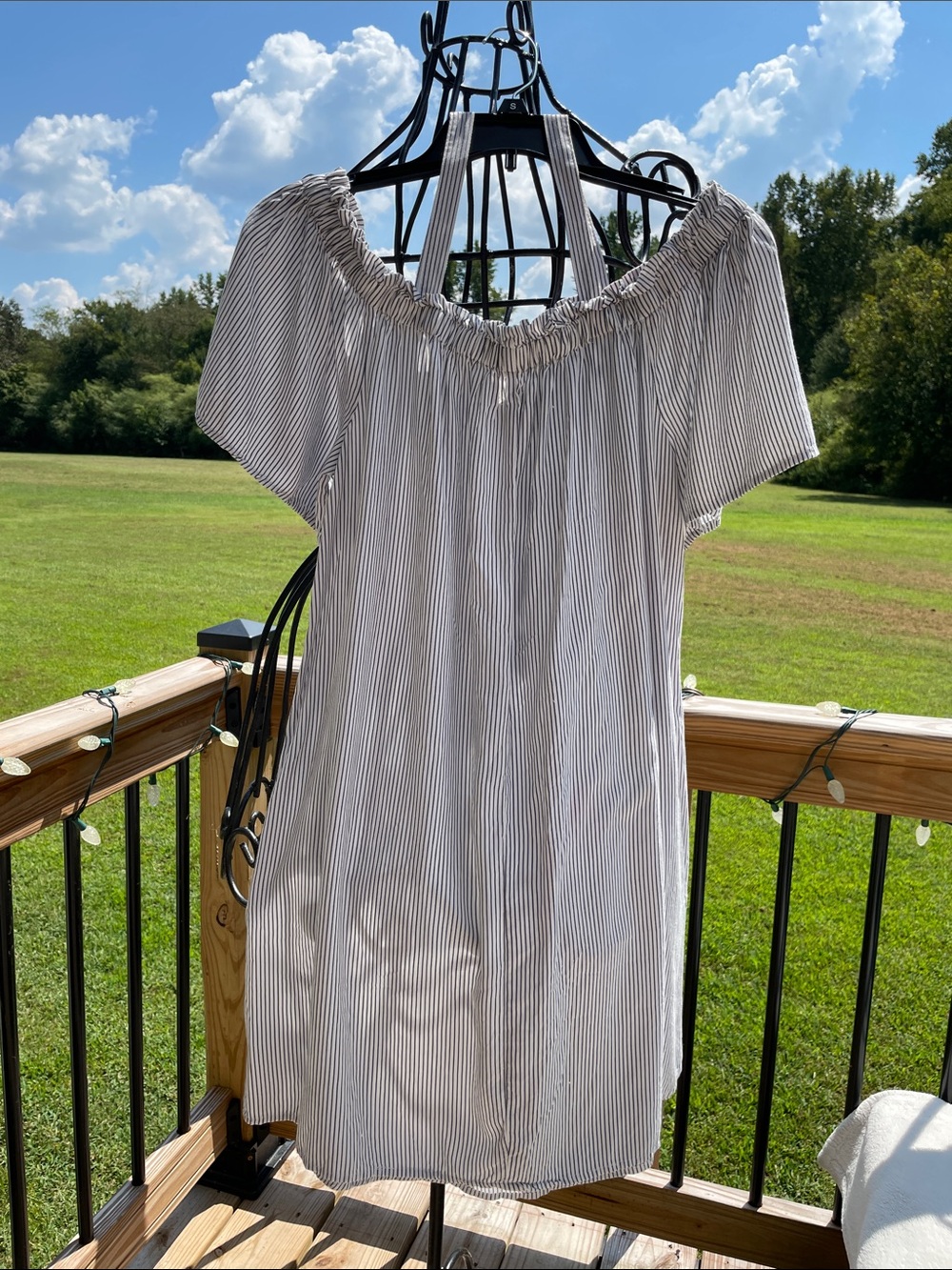 Peyton & Parker Striped Off-Shoulder Dress - White with Navy Pinstripes